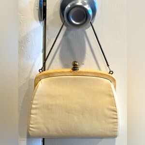 Vintage evening bag, off white satin with clasp, metal chain